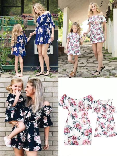 

family off-shoulder dress mommy and me floral printed ruffle dress round neck summer boho beach dresses, Blue