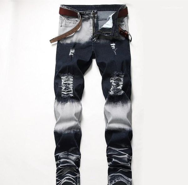 

distrressed blue white holes stretch regular mid waist straight mens pants fashion male apparel mens designer jeans