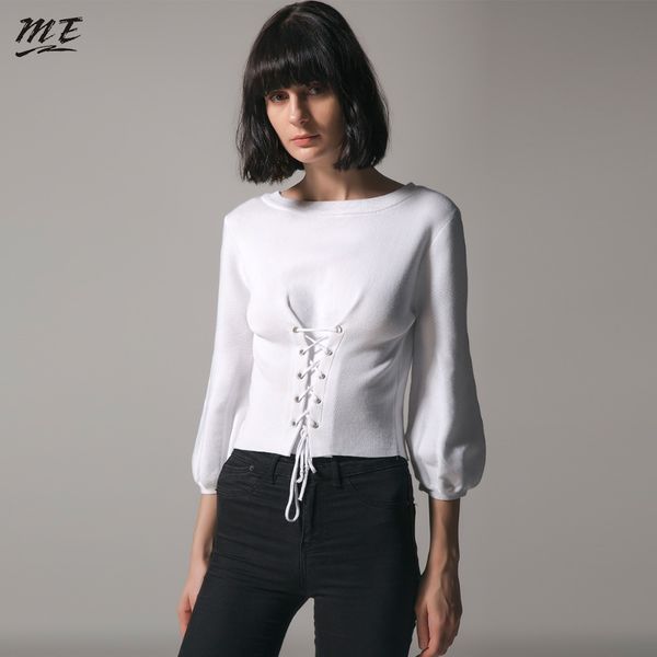 

me elegant waistband lace up knitted sweater women jersey round neck casual knitting jumper winter sweaters pullover female 2018, White;black