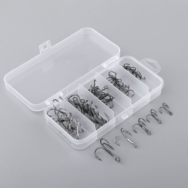 

50pcs/lot fishing treble hooks steel metal sharpened solid hook triple barbed steel fish hook s/m/l