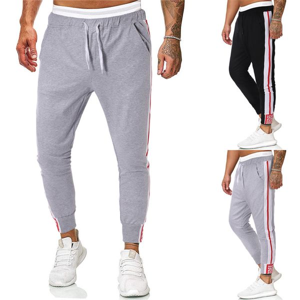 

man pants summer men sport letter print lashing belts casual loose sweatpants drawstring red&white strip harem pants men, Black