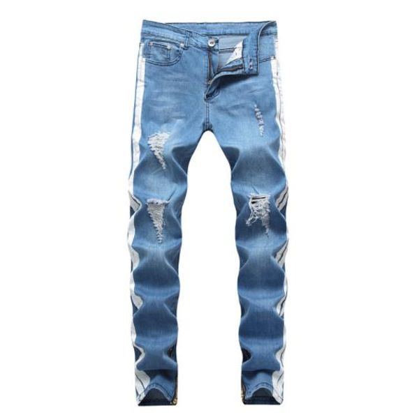 

street style мужские дизайнерские джинсы отверстия ripped проблемные длинные светло-голубой полосатой жан брюки моды брюки, Blue