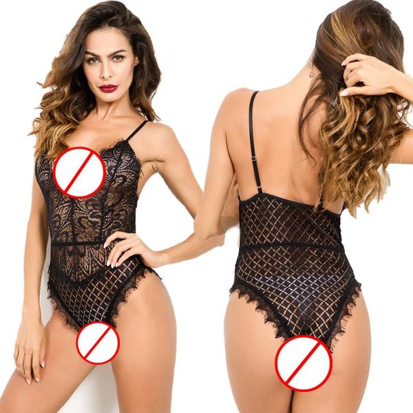 

nightgown crotchlace bodysuit eyelash lace lingerie set underwear v neck sleepwear black, Red;black