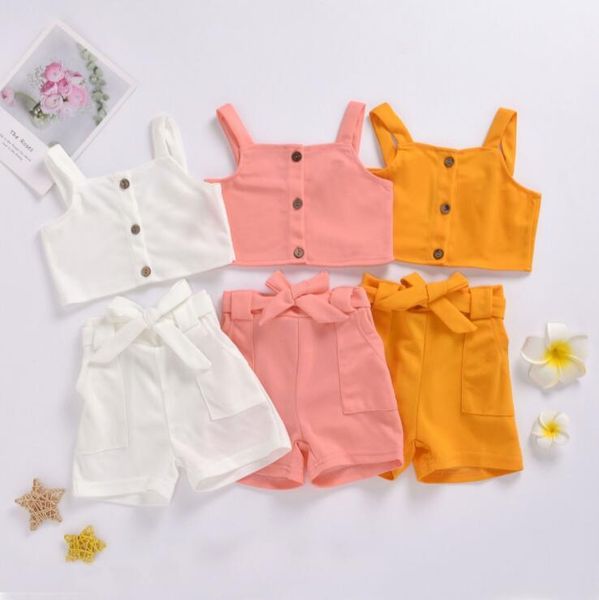 

baby girl clothes kids suspender short bowknot shorts clothing sets summer solid button sleeveless vest pants suits outfits py641, White