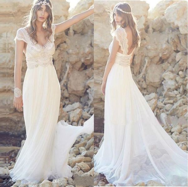 

богемский 2019 свадебные платья из бисера кружева аппликация спинки линии свадебные платья пляж шифон развертки поезд свадебное платье, White