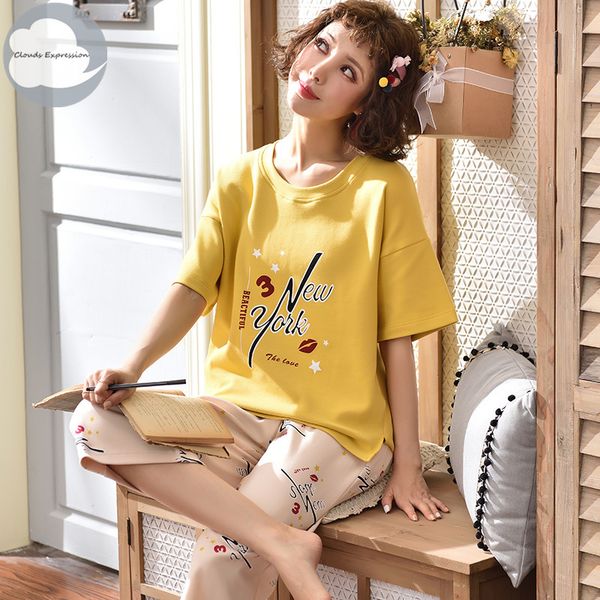 

summer new knitted cotton young women's letters pajama set women pajamas pijama nightgowns pants pajama sets sleepwear pyjamas, Blue;gray