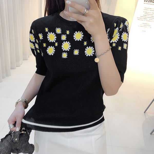

2020 summer new sweater harajuku women knitted floral daisy camiseta vinatge tee female casual short sleeve top, White;black