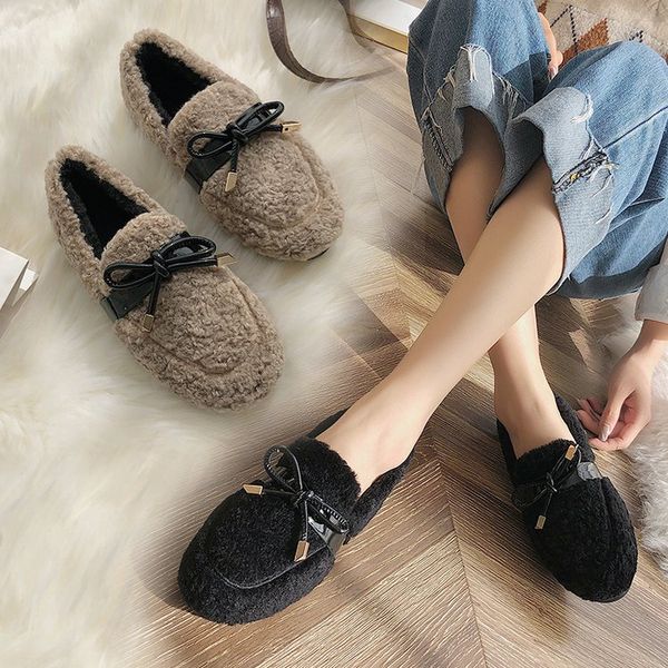 

moccasin shoes loafers fur women casual female sneakers 2019 fashion women's slip-on round toe flats platform bow-knot, Black