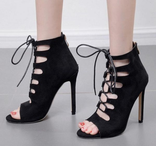 

2020 summer women boots knight shoes women cross-tied high heel gladiator casual fashion flock boots open toe ing, Black
