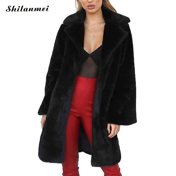 

faux fur coat women winter jacket fashion warm wool oversize lapel trend outerwear winter female elegant long coats abrigo mujer, Black
