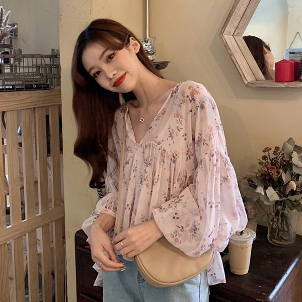 

2 pieces set chiffon shirt so cute women v neck high waist lantern sleeve flower print chemise femme camisa mujer, White