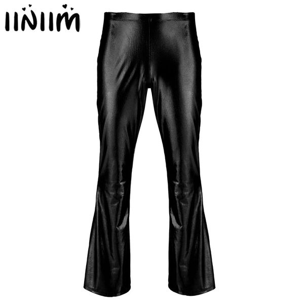 

mens moto punk style party pants shiny metallic disco pants with bell bottom flared long dude costume trousers, Black