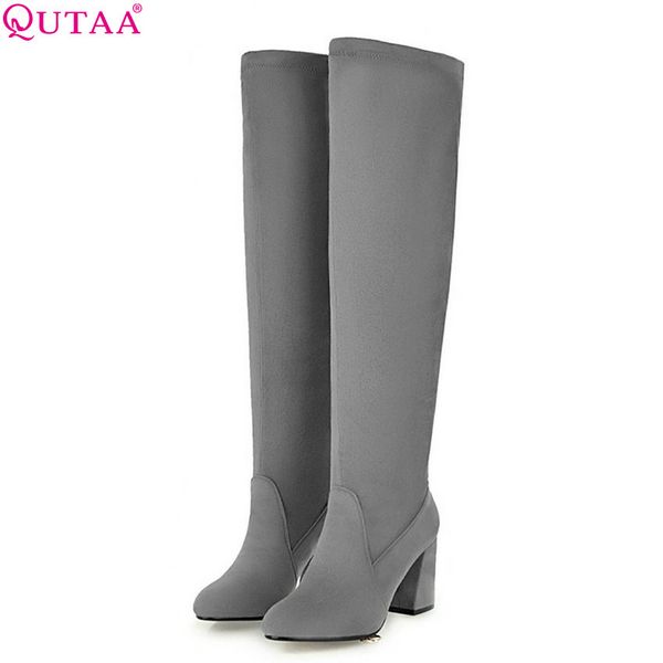 

qutaa 2019 flock women over the knee high boots platform all match square high heel winter shoes motorcycle boots big size 34-43, Black