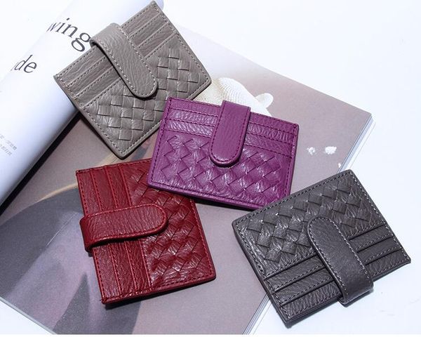 

dhl100pcs women pu solid weave credit card holder short multifunctional hasp min wallet mix color, Brown;gray