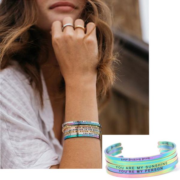 

new rainbow color stainless steel fashion women cuff bangle jewelry letter bracelets inspirational mantra bracelets bangles, Black