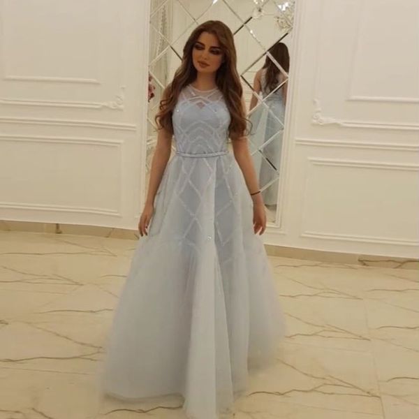 

new arrival light blue organza long prom dresses 2019 arabic dubai sleeveless sequins beaded formal evening dress a line gowns, White;black