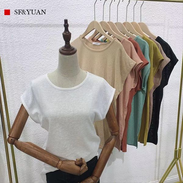 

2020 tencel linen round collar sleeveless type base t- female and female sleeveless t-shirt loose base shirt, White