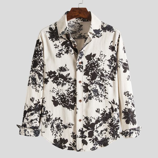 

new print men shirt long sleeve vintage ethnic style high street beach camisa chic breathable hawaiian men brand shirts 2020, White;black