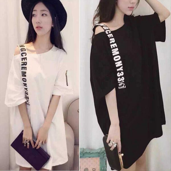

2019 summer clothes personalized single shoulder sling letter loose medium and long base clothing t-shirt clothing t-shirt female, White