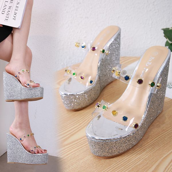 

women fashion summer crystal rivets sandals wedges flip flops platform 9cm elegant sequins high heels slippers shoes, Black