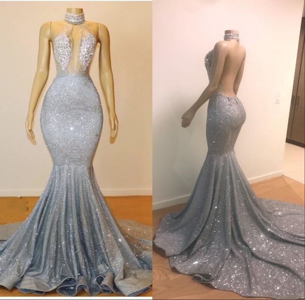 

2019 heer halter equin mermaid long prom dre e tulle beaded lace applique weep train backle party evening dre e bc0679