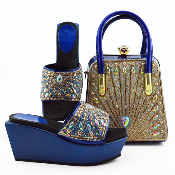 

Beautiful royal blue women boat shoes match handbag set with colorful rhinestone decoration african pumps and bag for dress MD009,heel 9CM