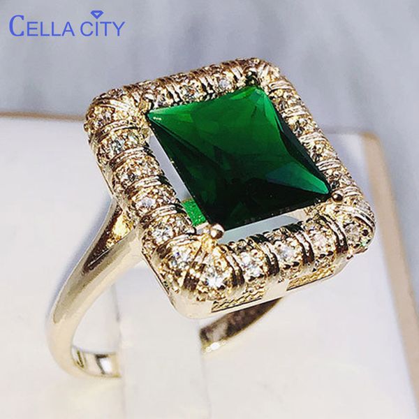 

cellacity vintage geometry emerald ring for women rectangular gemstone silver 925 jewelry female anniversary gift banquet, Golden;silver
