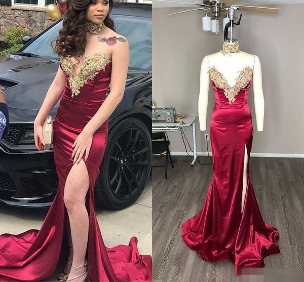 

2020 african burgundy prom dresses gold applique mermaid lace applique beaded satin side split slit formal evening graduation gown, Black