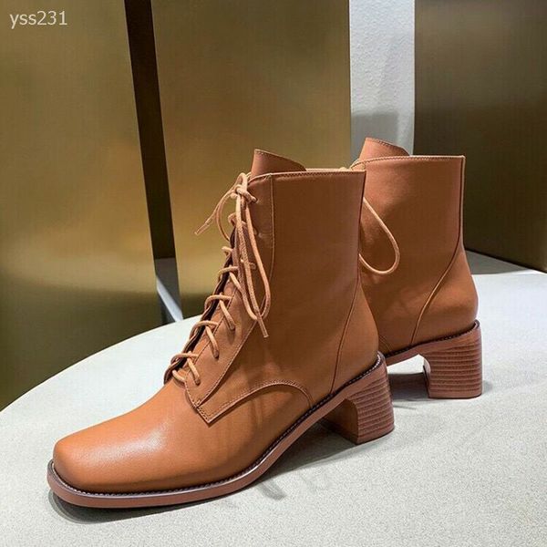 

2019 autumn new europe and america high-martin boots female lace-up casual retro wild square short boots, Black