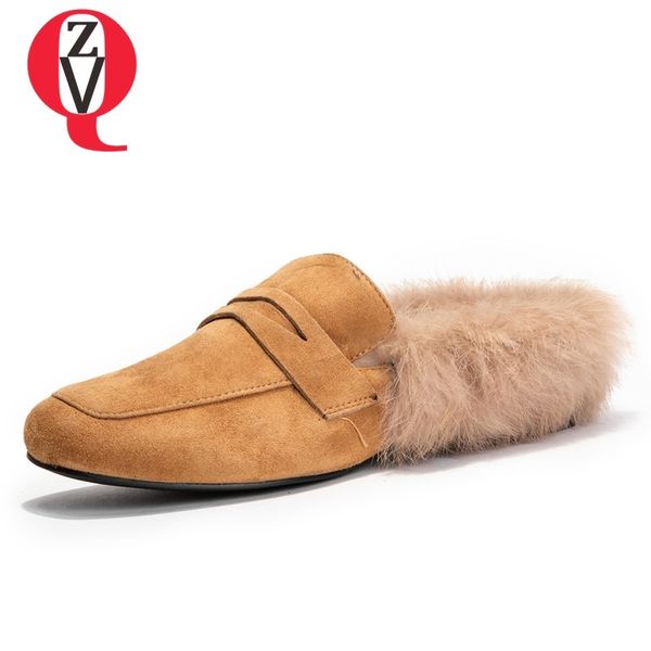 

zvq women shoes 2019 spring new concise casual cow suede square toe women slippers low square heel fur decoration outside shoes, Black