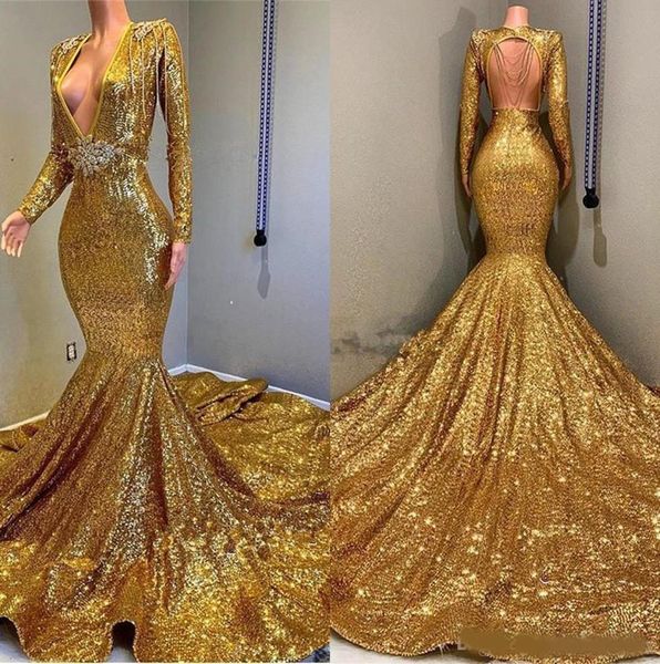 

gold sparkling long sleeves sequins mermaid prom dresses deep v neck beaded stones backless sweep train party evening gowns, Black;red
