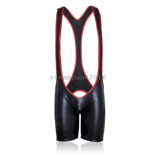 Bondage Hot Men Patent Leather lutador de couro Mankini Bodysuit shorts Backless Thong Au65
