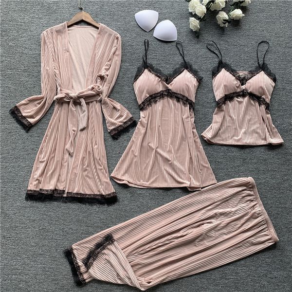 

2019 autumn winter velvet pajamas sets nightdress bathrobe long pants 4 pieces pyjamas warm sleepwear pijamas home clothes, Black;red