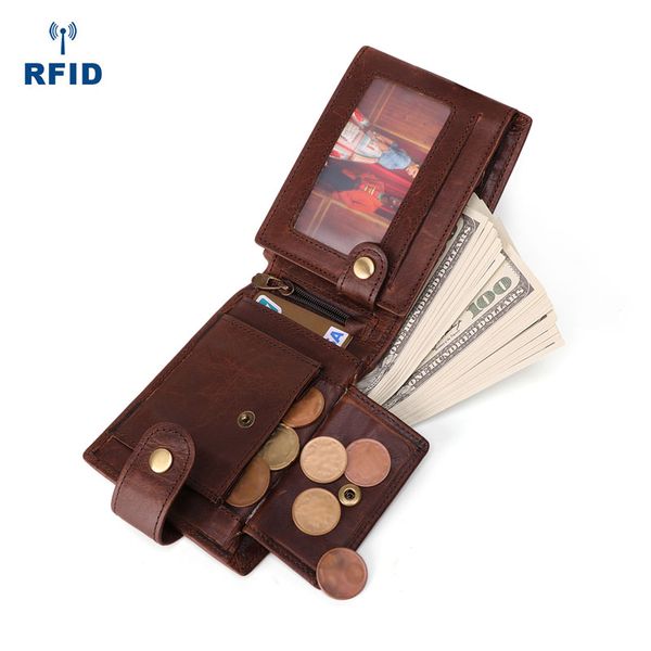 

men wallet rfid blocking wallet cow leather men wallets with coin pocket vintage male purse function brown genuine leather r11, Red;black