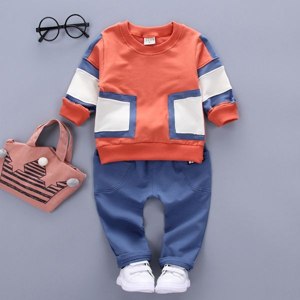 

boy's autumn set long sleeve t-shirt pants 2 piece set stitching geometric design children's suit fashion casual, White