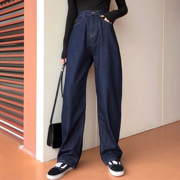 

dark blue jeans causal pants 2019 new high waist boyfriend wide leg women denim jeans korean style trousers loose autumn
