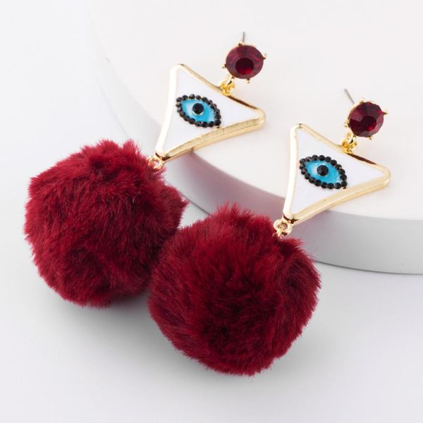 

dvacaman wine red pom pom cotton ball drop earrings evil eye dangle earrings women crystal party jewelry wholesale ins, Silver