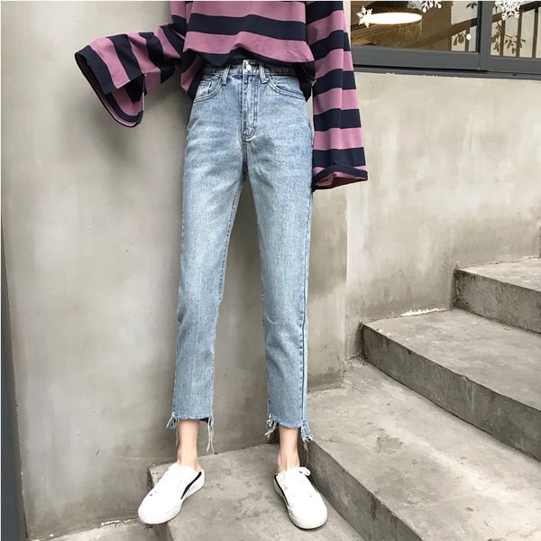 

blue gray female loose jeans split personality rich legs