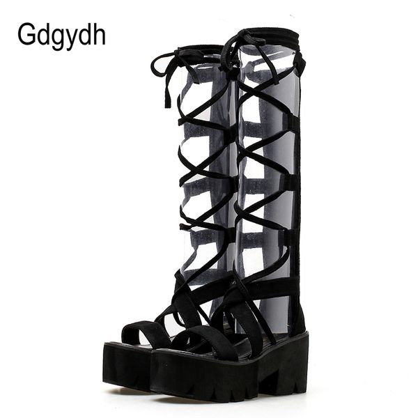 

gdgydh 2018 fashion suede mid calf women boots lacing high heels platform shoes open toe female summer booties shoes promotion, Black