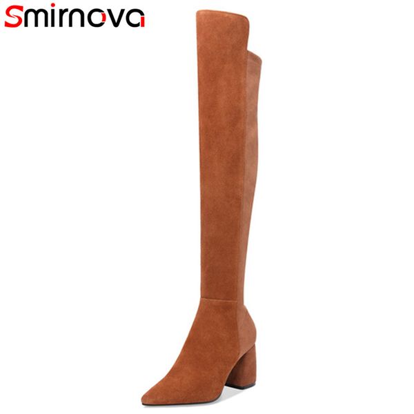 

smirnova new arrival 2018 thigh high booots pointed toe thick high heels boots keep warm suede leather boots women shoes, Black