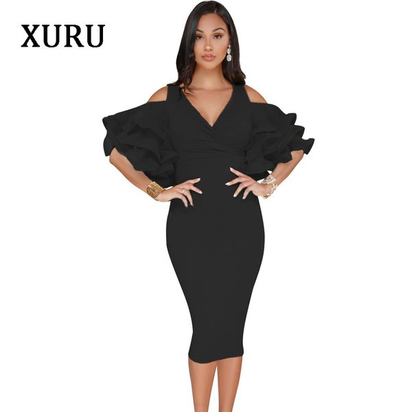 

xuru white black pink yellow cold shoulder dress cascading ruffle elegant pencil dresses womens party casual dress 2020, Black;gray