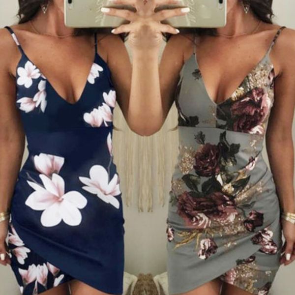 

women summer floral v-neck bodycon sleeveless evening party dresses ladies mini dress, Black;gray