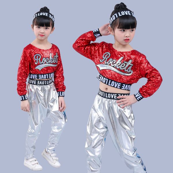 

red girl jazz dance children sequin hip hop dance costume sparkly stage jazz costumes suit girls crop and pants, Black;red
