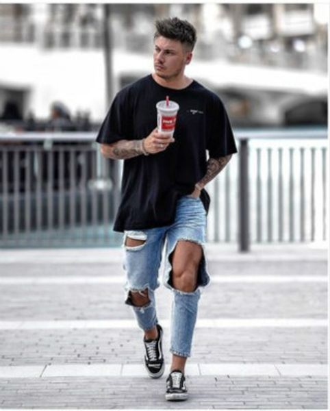 

men's designer jeans big holes straight leg trousers loose-fitting mid-waisted pants funky leg trousers new pants with zipper sale, Blue