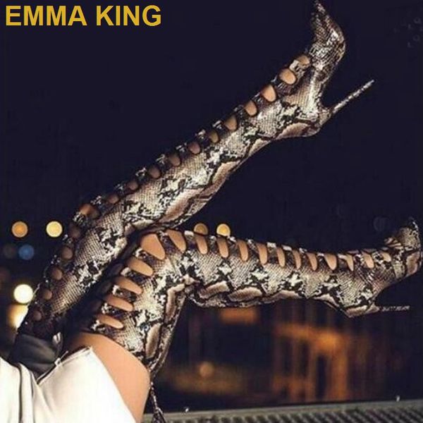 

snake skin thigh high boots for woman hollow out over the knee high heels boots ladies stiletto plus size 35-43, Black