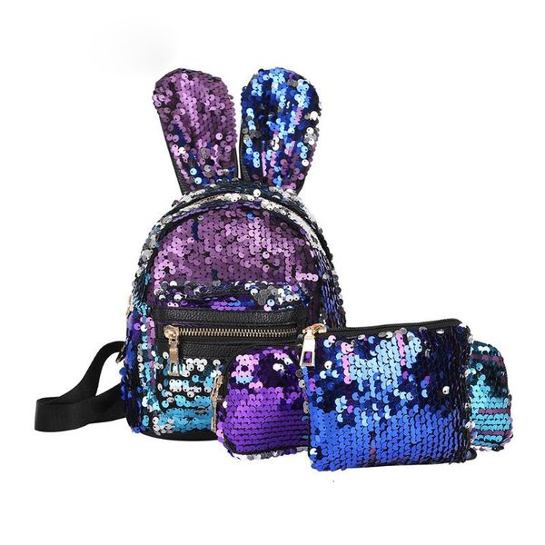 

3pcs/set mini sequins rabbit ear women backpack girls fashion simple school shoulder bag female travel rucksack with pencil bag