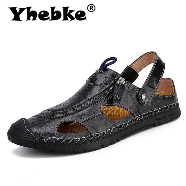 

yhebke man sandals 2020 summer genuine leather men's sandals outdoor beach roman for men plus size 38-48 flip flops, Black