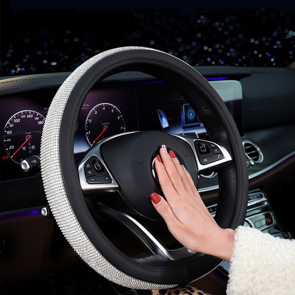 

car accessories steering wheel covers cap 38cm leather crystal rhinestone auto steering wheel covers for women girls car-styling