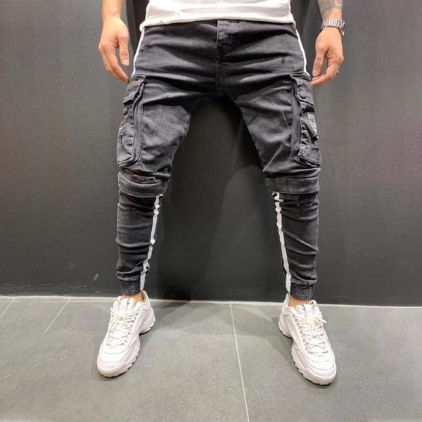

men's jeans vintage mens big pockets ripped harem pants for men streetwear side stripe stylish male hole denim trouser jean, Blue