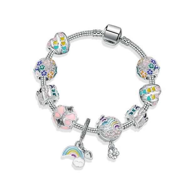 Nuovo braccialetto arcobaleno in argento 925 cielo fiore fascino perline serpente catena charms bracciali regalo di compleanno gioielli fai da te